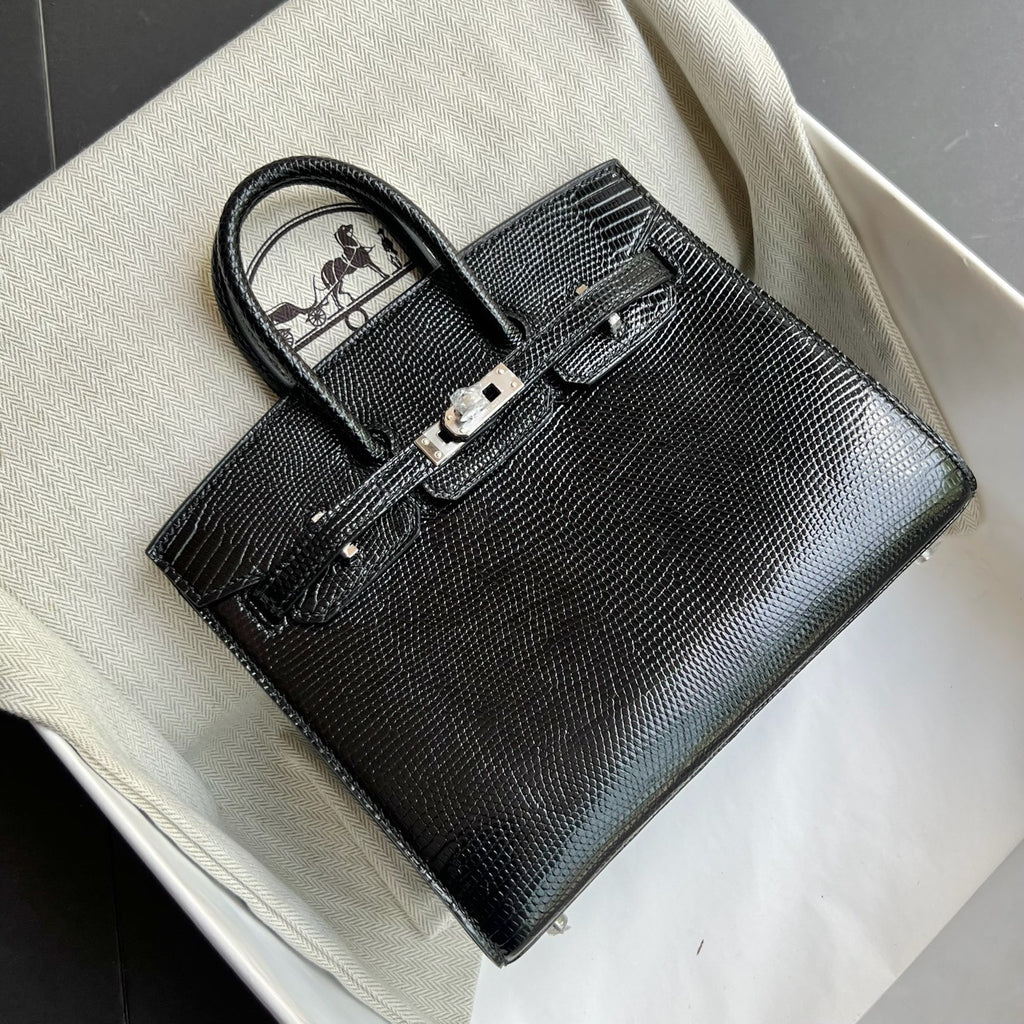 Birkin 20cm Sellier Lizard Imported Lizard Skin Color: Ck89 Black Noir Handmade Wax Thread Seam Phw Stock