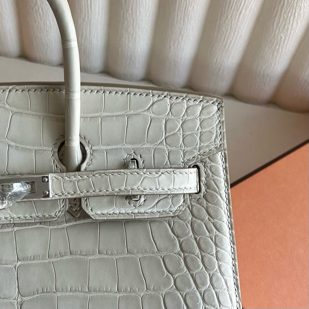 Birkin 20cm Sellier 外缝 雾面美洲鳄鱼  Color：8L Beton 冰川白 Phw Matte Alligator Crocodile 全手工蜡线缝  银扣 定制✈️