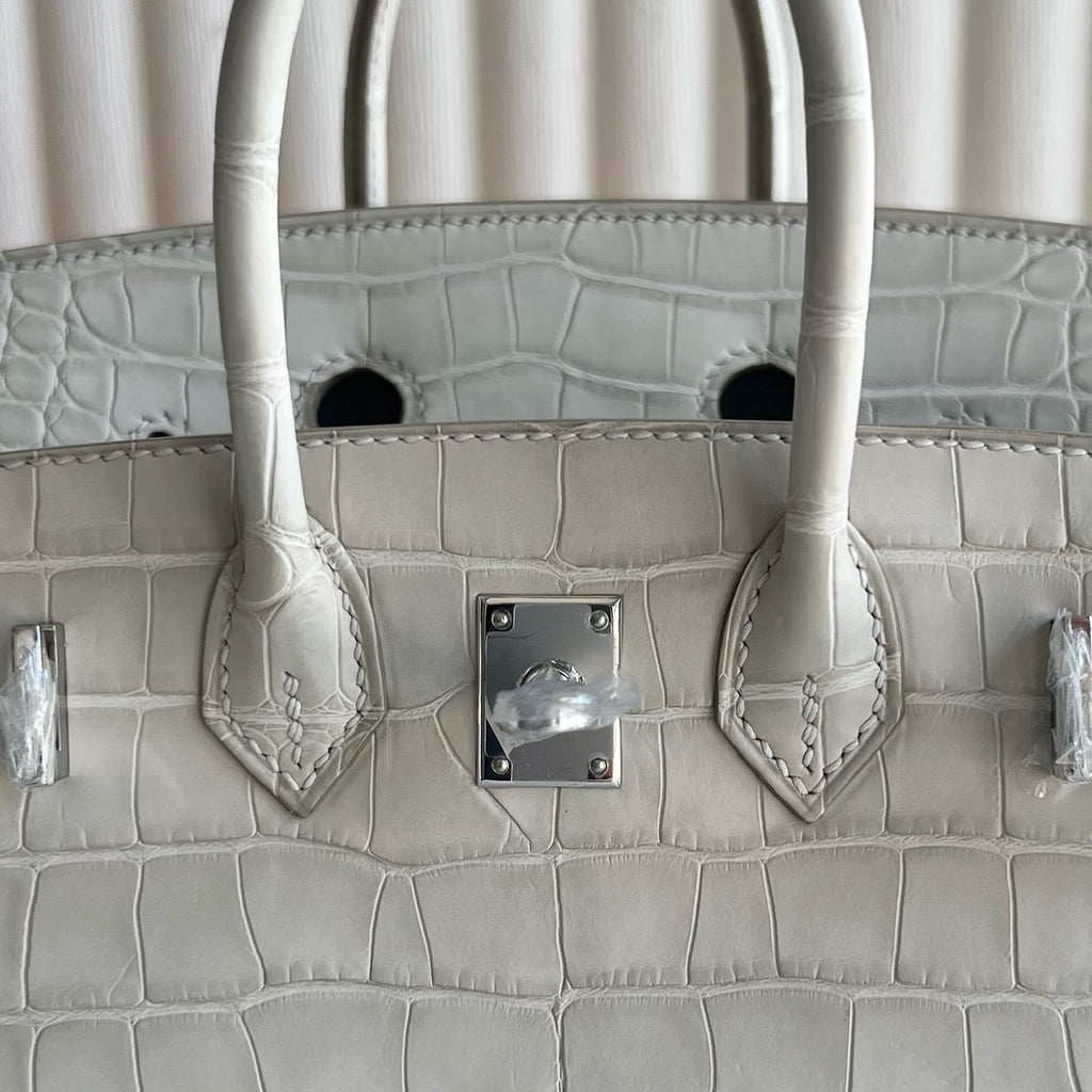 Birkin 20cm Sellier 外缝 雾面美洲鳄鱼  Color：8L Beton 冰川白 Phw Matte Alligator Crocodile 全手工蜡线缝  银扣 定制✈️