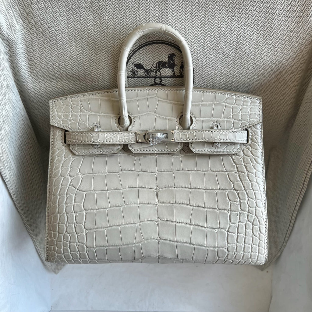 Birkin 20cm Sellier 外缝 雾面美洲鳄鱼  Color：8L Beton 冰川白 Phw Matte Alligator Crocodile 全手工蜡线缝  银扣 定制✈️