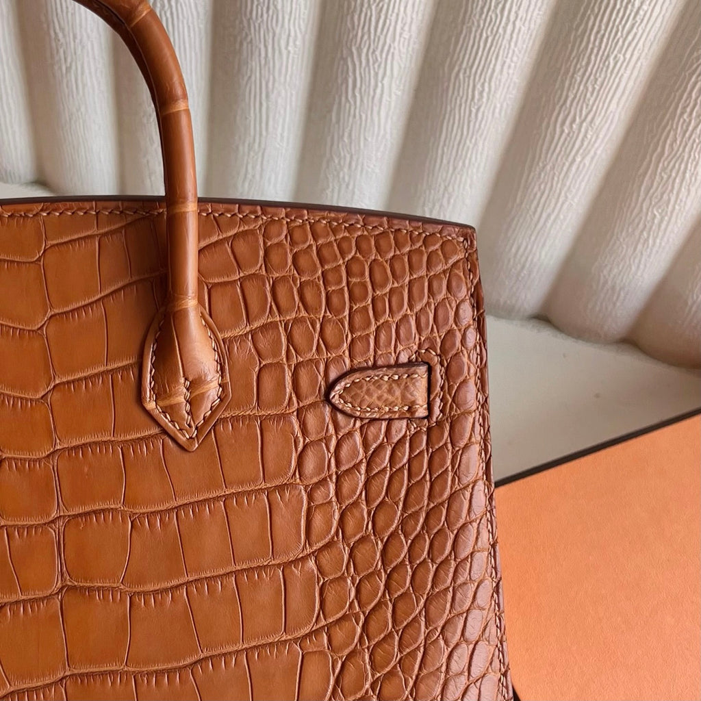 Birkin 20cm Sellier 外缝 雾面美洲鳄鱼  Color：Ck37金棕色 Gold Ghw Matte Alligator Crocodile 全手工蜡线缝  原装五金手工刻 金扣 定制✈️